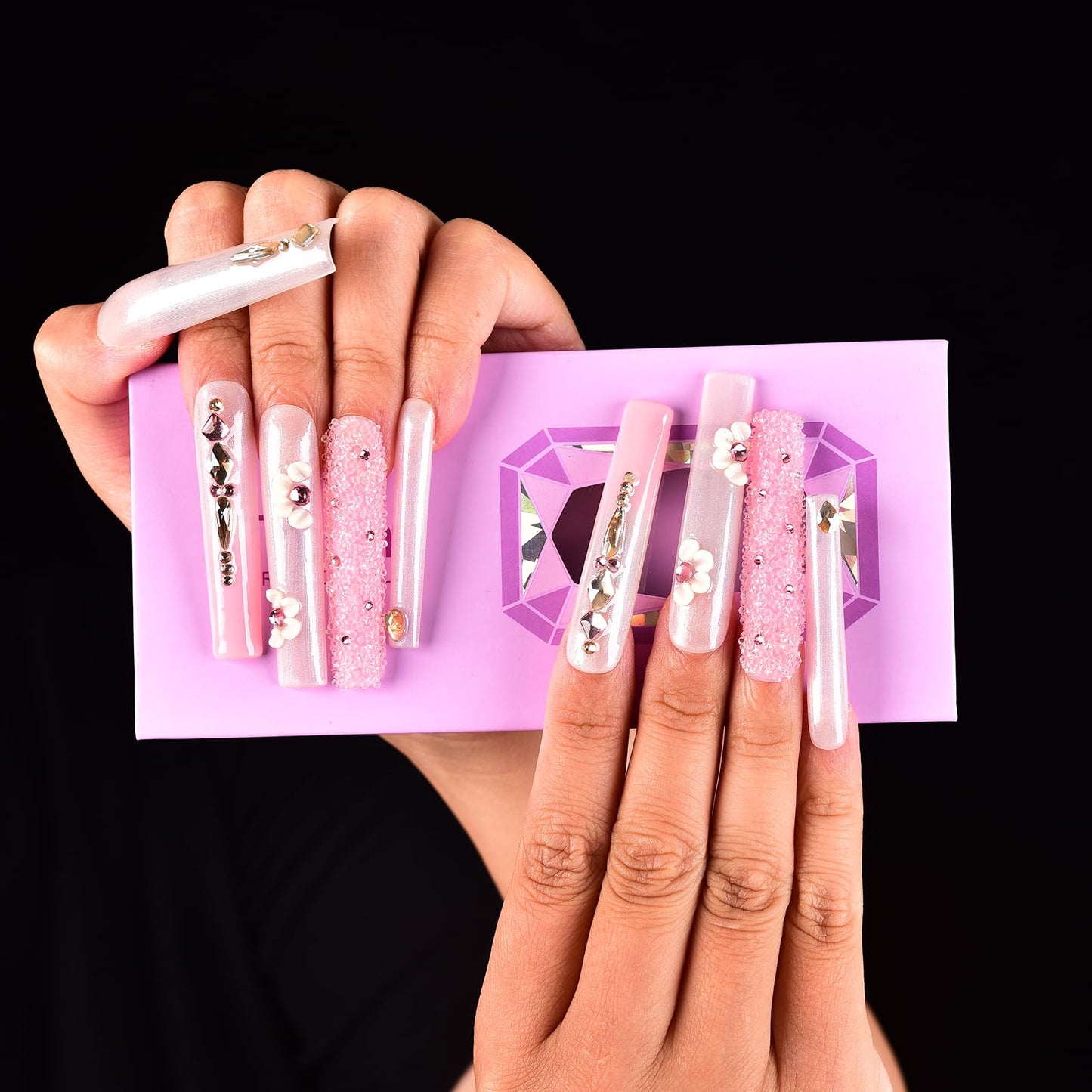 Tmani 10pc/set Extra Long Handmade Press On Nail Hot Girl's Long Ballet Nails Square Nail Full of Diamond Glitter Decoration Fake Nails Suitable For Girls Festival Parties and Birthday Gift (200,S)