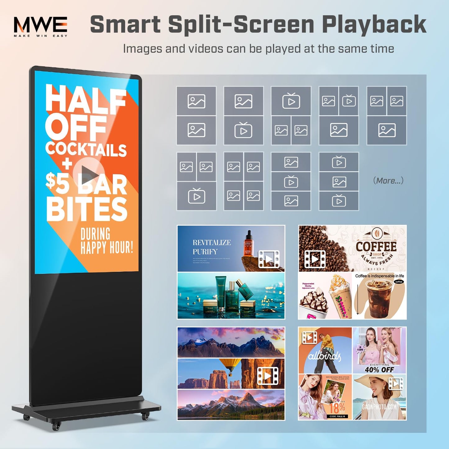 MWE 55 Inch 4K Digital Signage Display Kiosk, LCD Screen Indoor Floor Standing Advertising Displays, Android System Commercial Totem with Custom Service, Vertical Poster with Auto Media Player