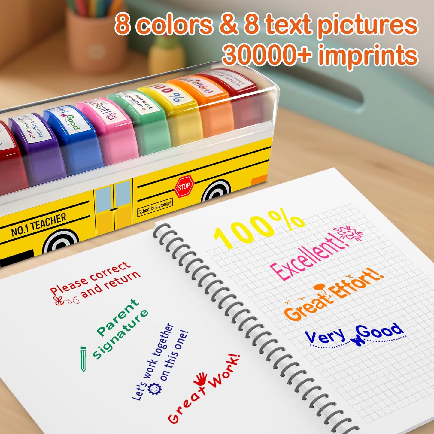 Teacher Stamps for Grading Classroom, New Teacher Appreciation Gifts, Self-Inking Motivation Great Job Parent Signature Stamp for Homework Must Haves, Teacher Supplies (8 pcs)
