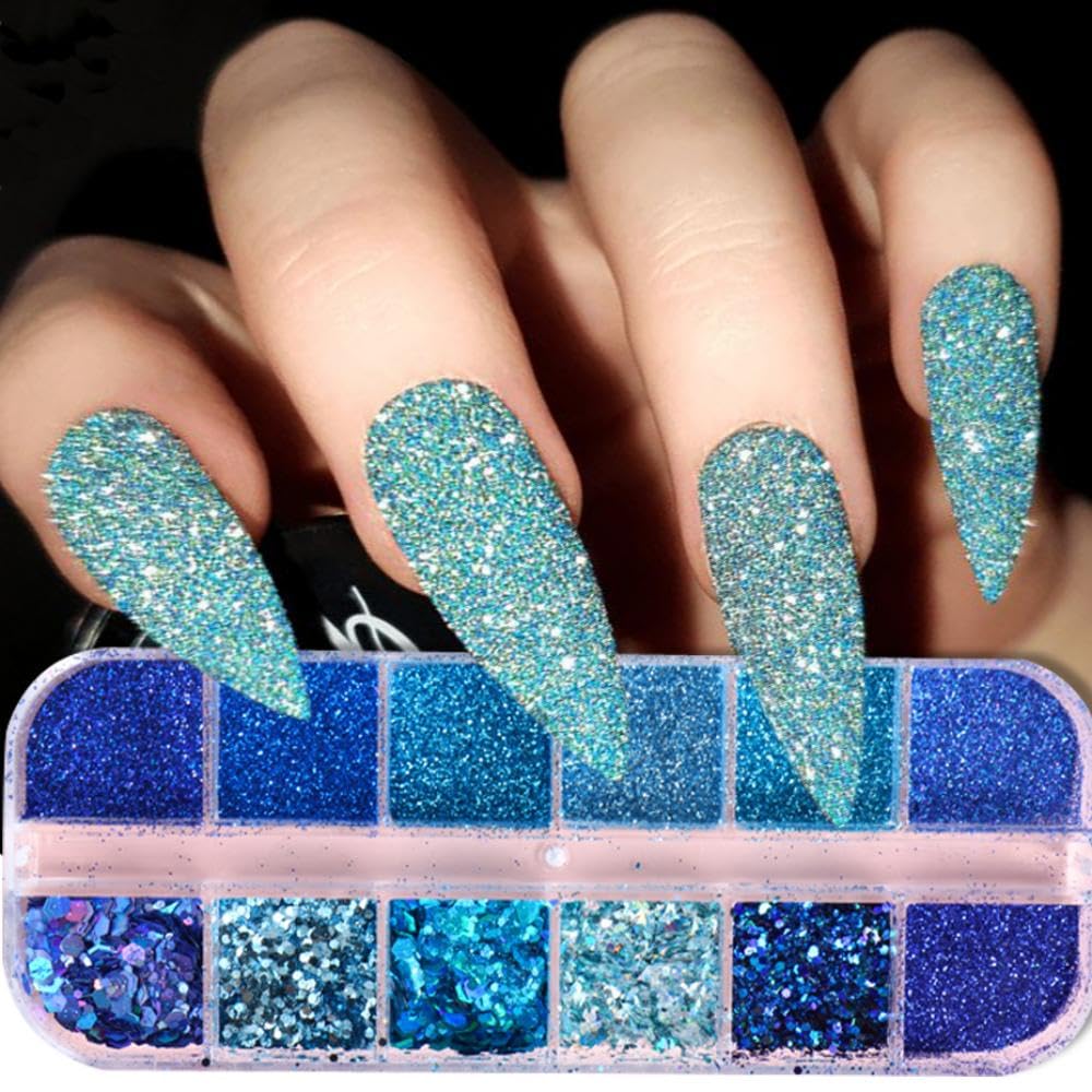 Nail Art Foil Flakes Powder 3D Holographic Nail Art Foil Glitter Sequins Blue Glitter Nails for Women Girls Acrylic Nails DIY Decorations Charms