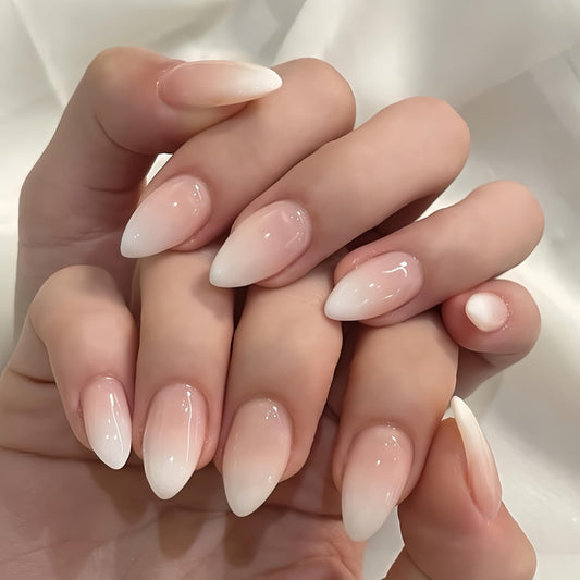 KQueenest Ombre Press on Nails Short Almond - French White Fake Nails Press on, Gradient Acrylic Nails Glue on, Reusable Salon Quality Stick on Nails for Women Wedding Decoration 24 Pcs