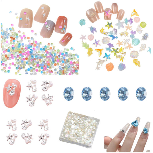Ocean Nail Charms Gem Kit for Nail Techs – Mermaid Style 3D Nail Art Decorations with Starfish, Shells, Pearls – Professional Nail Supplies for Acrylic & Gel Designs