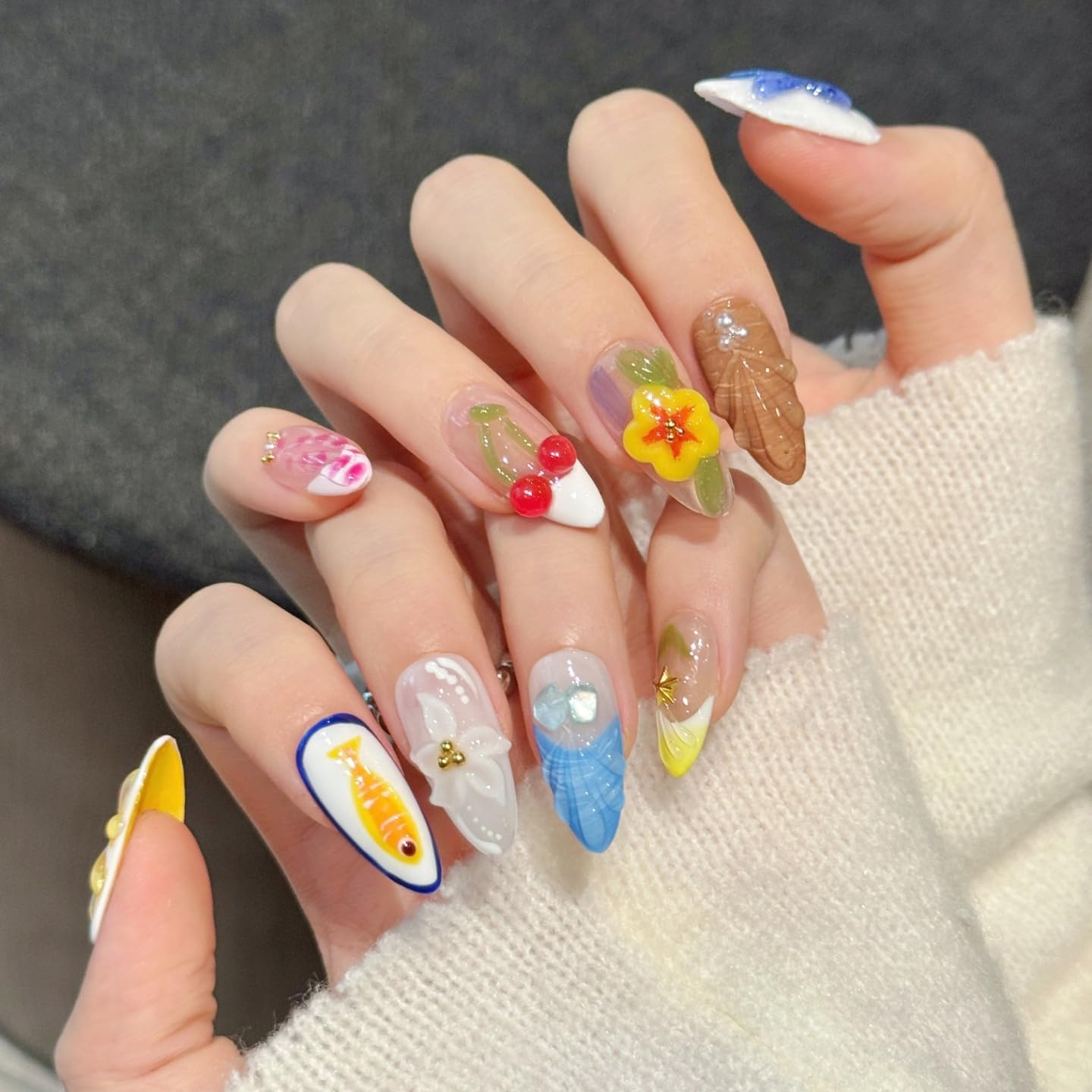 Handmade Press On Nails-3D Almond Carved Cherry Summer Seashell Starfish Island Resort Style,Wedding Prom And Festival Traving Gift,Thick Acrylic and Muti-Layer Gel Reusable False Nails (L)