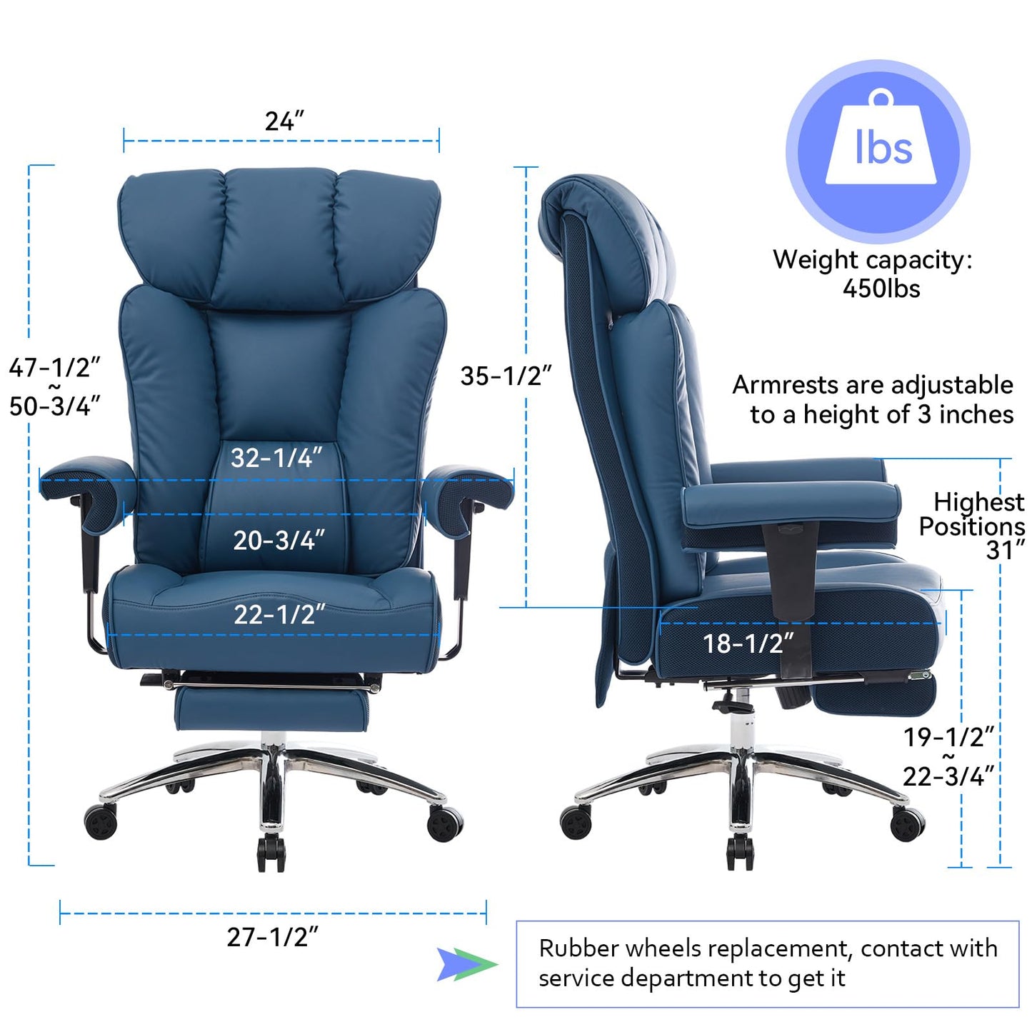 Efomao Big and Tall Office Chair 400lbs - Heavy Duty Executive Desk Chair with Foot Rest & 23" Wide Seat - High Back Ergonomic Leather Computer Chair for Heavy People, Home Office, Blue