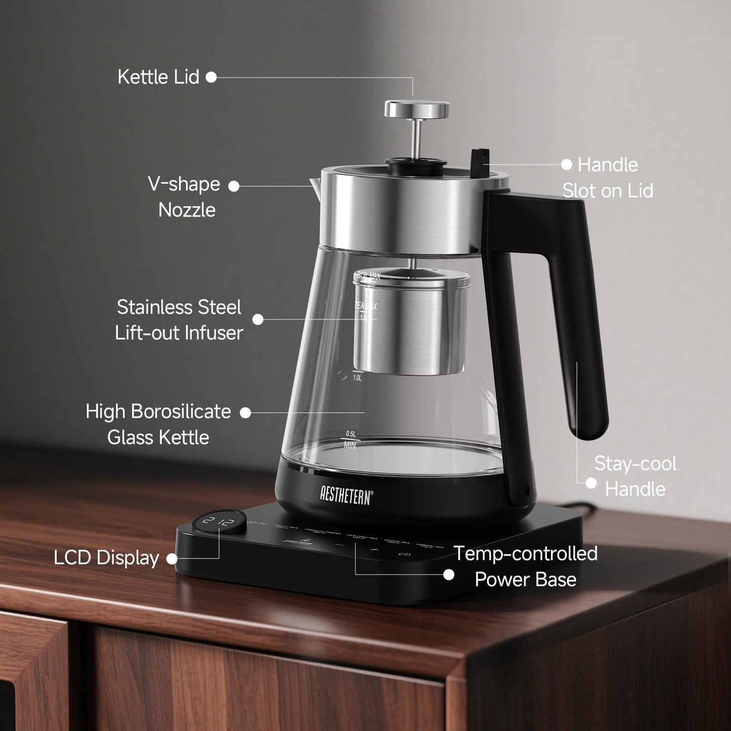 Aesthetern Electric Tea Kettle with Infuser 1.7L Glass Electric Kettle with Temperature Control Automatic Shut Off 12H Keep Warm for Tea Coffee Water Heater, Black