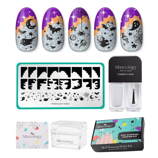 Maniology Boo-gie French Nail Stamping Starter Kit | Halloween French Tip Nail Art with Ghosts, Bats, and Spooky Chic DIY Manicure Designs (Stamping Plate, Polish, Top Coat, Stamper & Scraper Card)