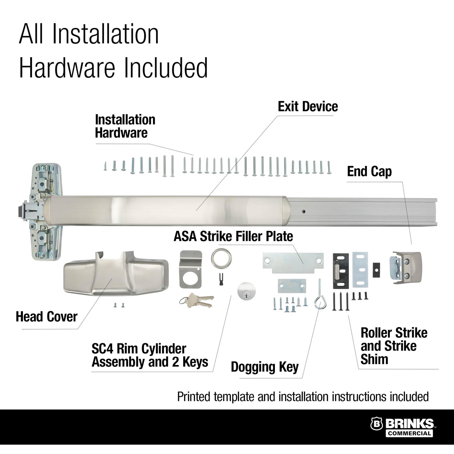 Brinks Commercial M91P Push Bar Door Exit Device and Night Latch, Panic Device, Rim exit bar, UL305 Compliant, Satin Stainless Steel
