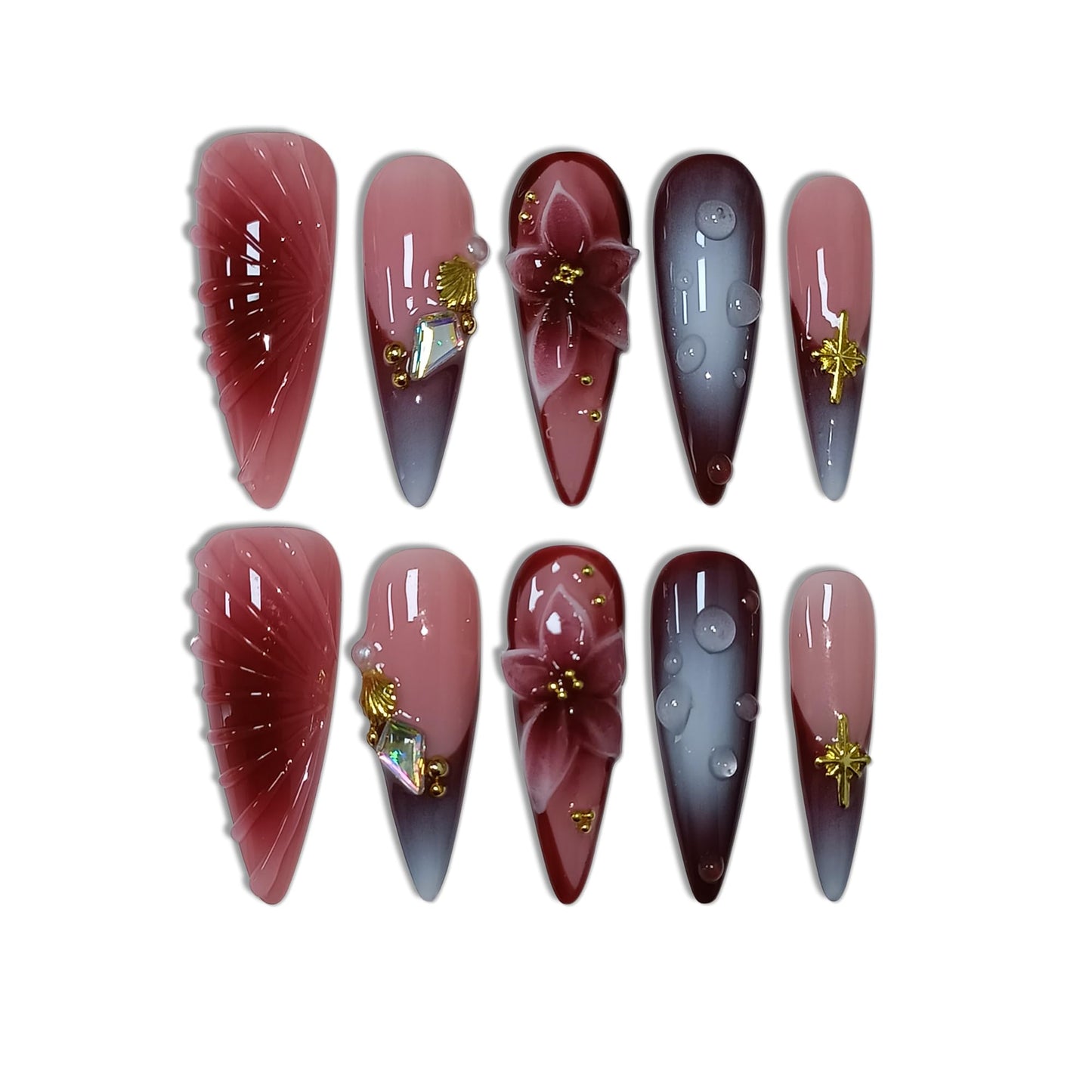 TENPAL Stiletto Press on Nails - Wine Brown Blushing French Fake Nails with 3D Floral Teardrop Design,Glossy False Nails with Tools,Handmade Glamorous Winter Style Glue on Nails for Women Girls(M)