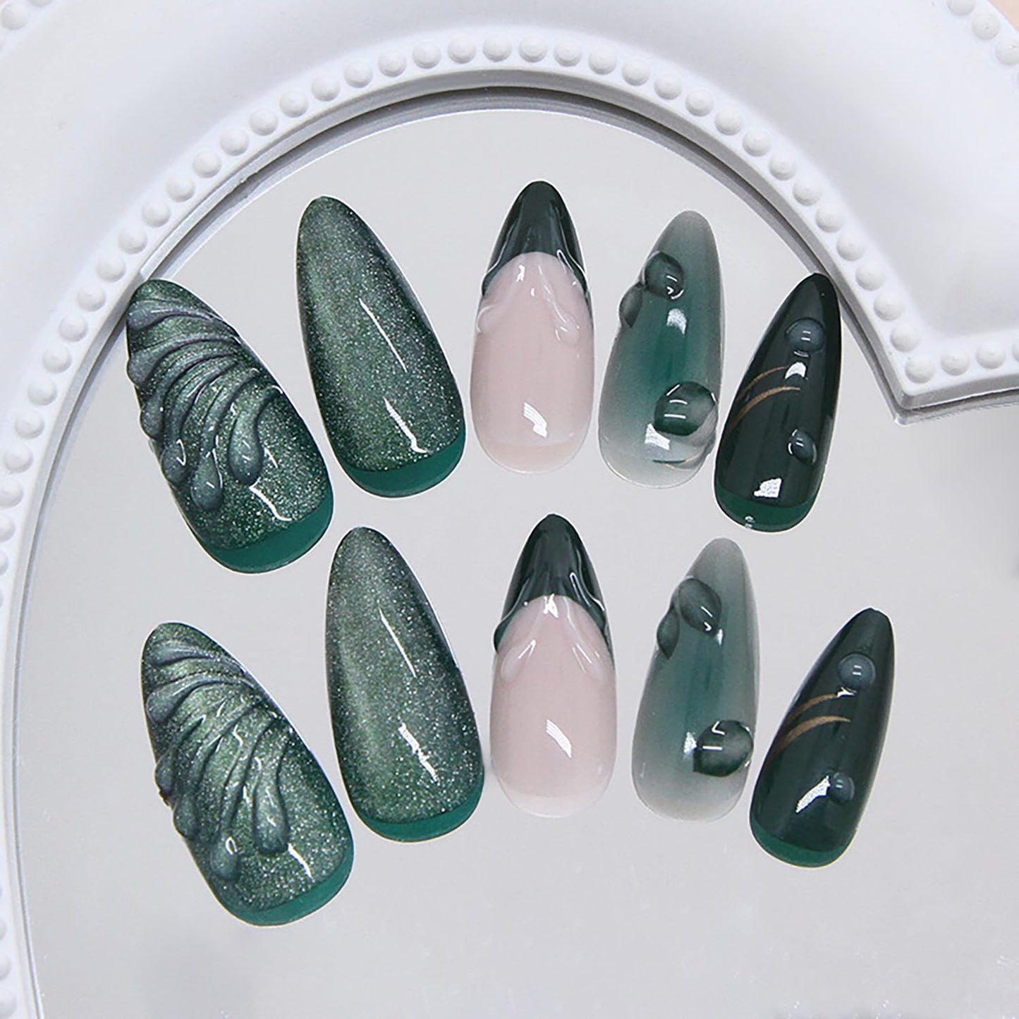 24Pcs Green Press on Nails Medium Almond Fake Nails with 3D Leaves Designs Spring False Nail Reusable Green French Tip Acrylic Nails Glossy Silver Star Full Cover Glue on Nails for Women