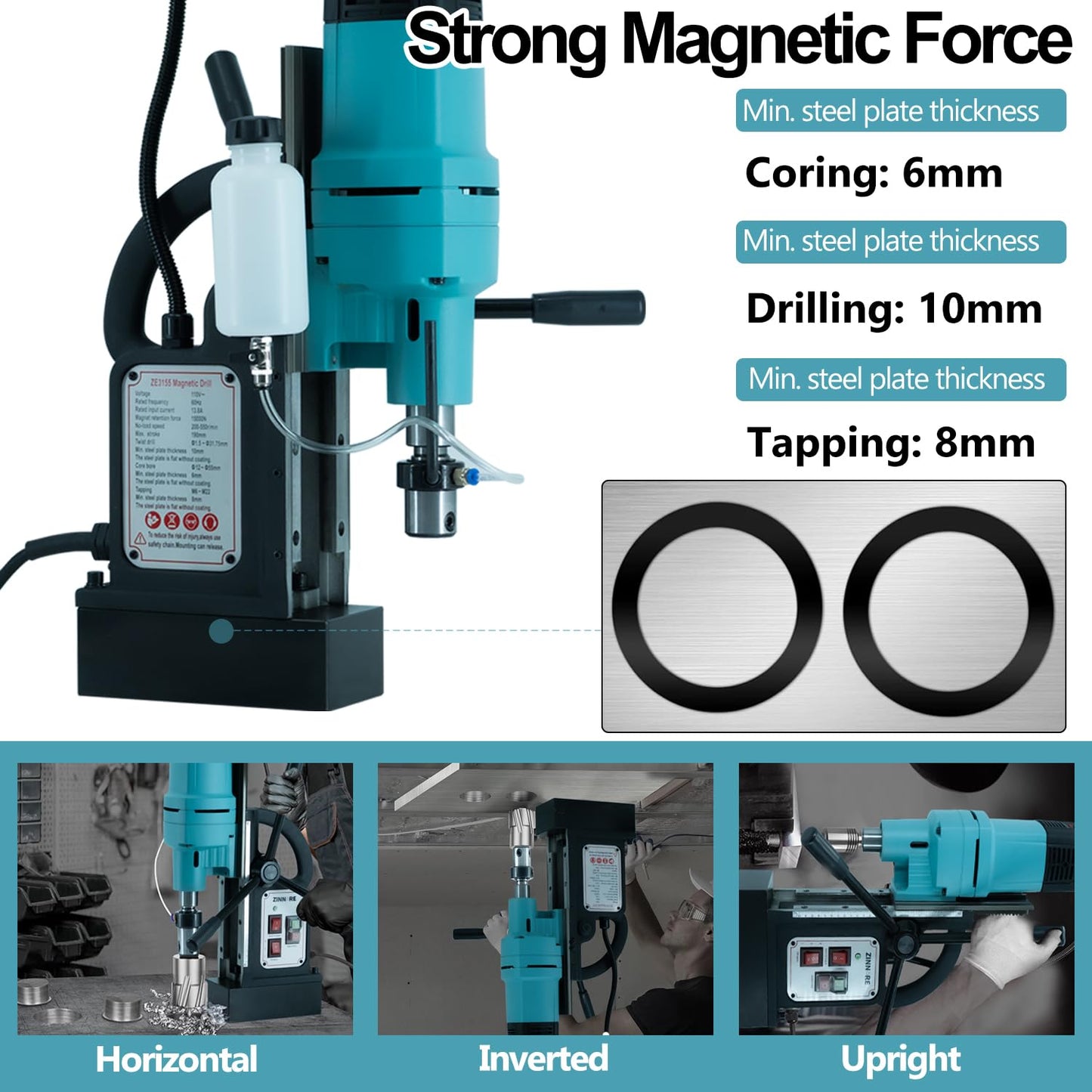 Zinnore Mag Drill Press, 1800W Magnetic Drill, 3370lbf/15000N Mag Force, Portable Electric Mag Drill Press for Metal Surface