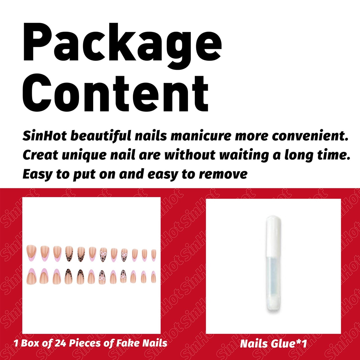 SINHOT Press on Nails - Medium Almond Fake Nails, Glossy Finish, 3D Pink Bowknot & Cheetah Print, DIY Artificial False Nail Art - 24 Pcs Nail Kit with Glue
