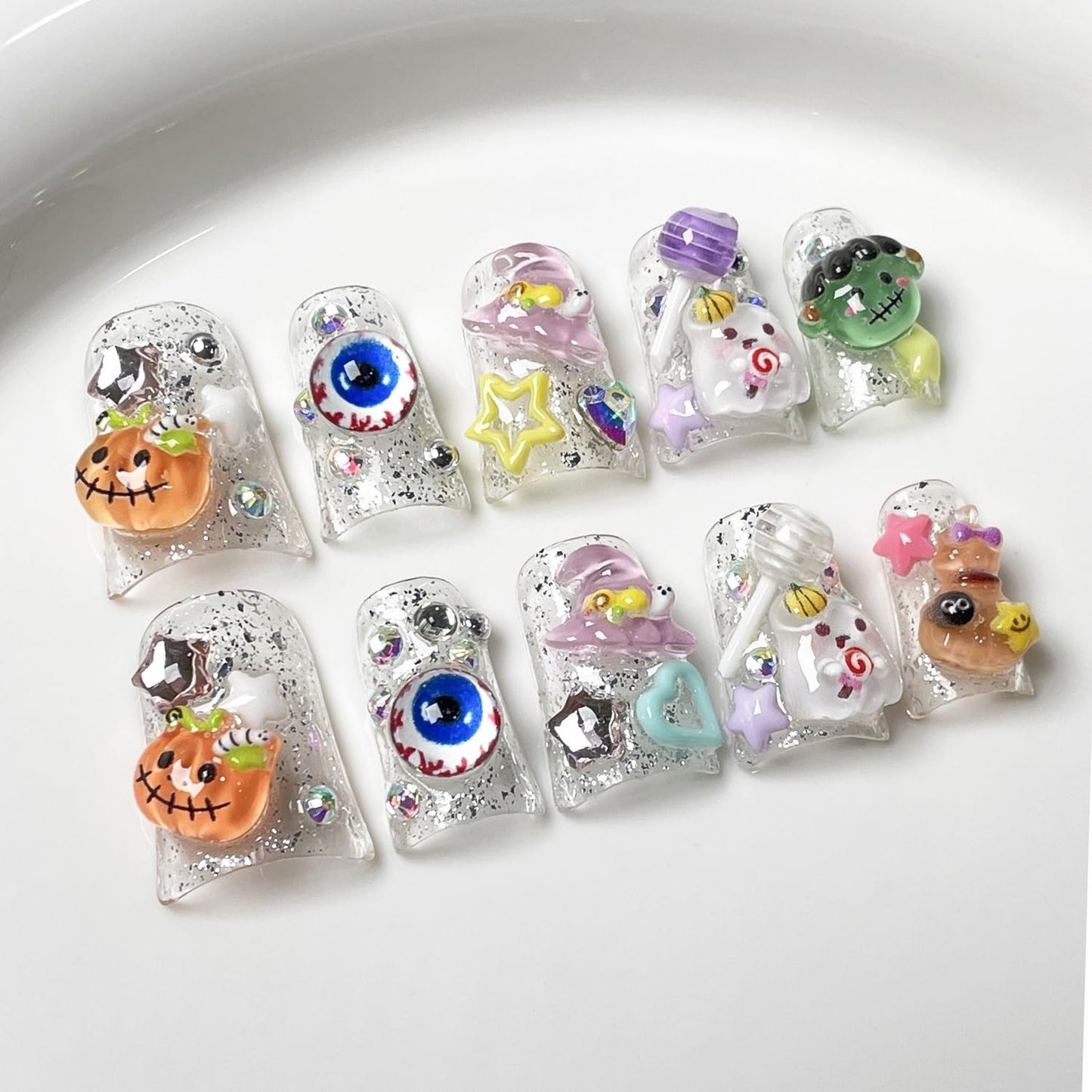 Cute Halloween Press on Nails Short Duck Stick on Nail 3D Unique Reusable Luxury Handmade Fake Nails with Little Ghost & Pumpkin Designs Glossy White Glue on Nail Thick Acrylic Nails for Women（Size M)