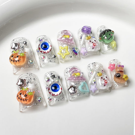 Cute Halloween Press on Nails Short Duck Stick on Nail 3D Unique Reusable Luxury Handmade Fake Nails with Little Ghost & Pumpkin Designs Glossy White Glue on Nail Thick Acrylic Nails for Women（Size M)