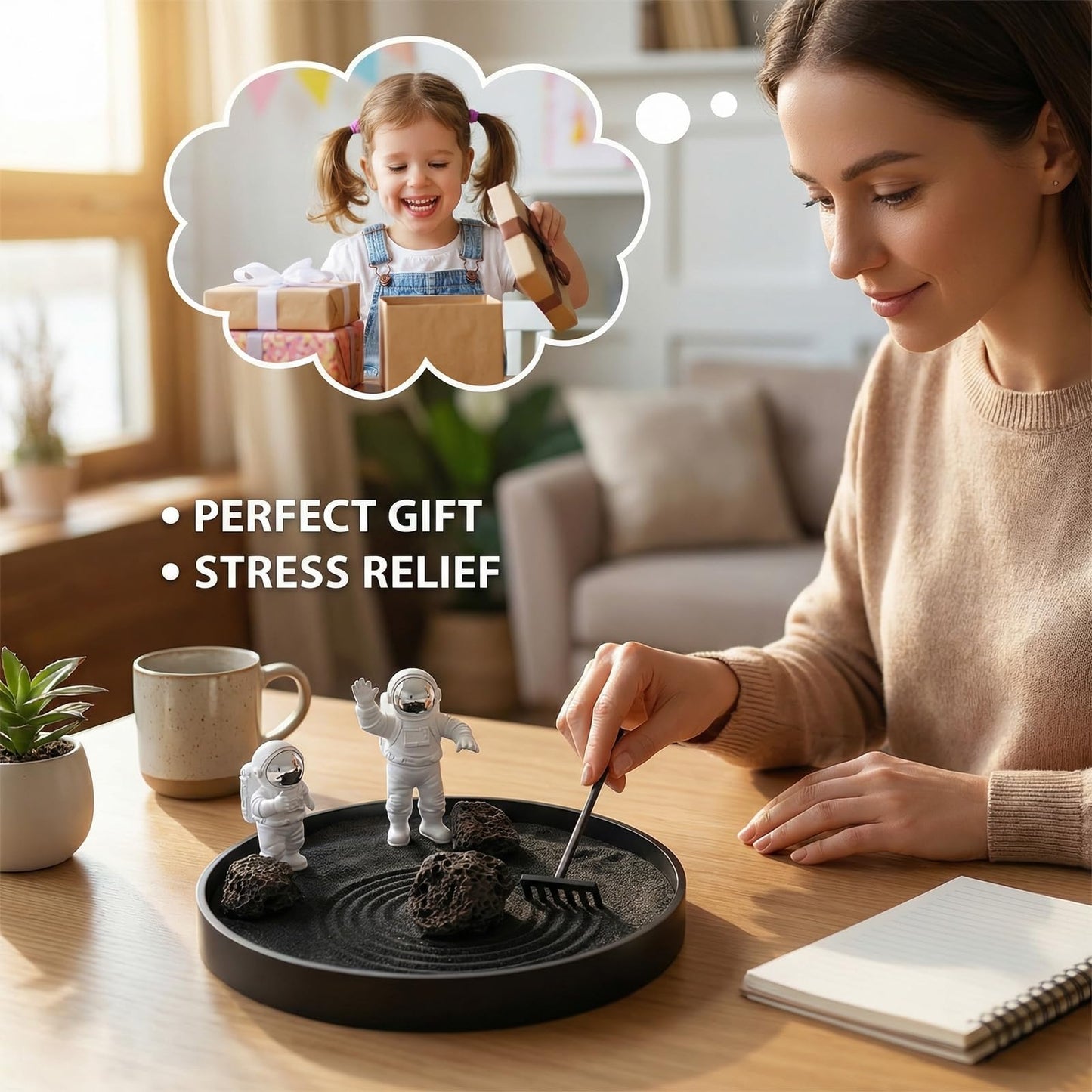 Astronaut Zen Garden Kit, Desktop Zen Garden for Stress Relief, Mini Sandbox with Rake and Decorative Stones for Office & Home Desk Decorations