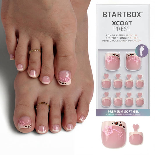 BTArtbox Press On Toenails Short - Wild Bloomery, Lamp-Curable 4-Week Wear Pink French Tip Square Toe Nail Press Ons with Glue and Adhesive Tabs, Easy-to-Apply in 15 Sizes - 30 Toenails All-in-One Kit