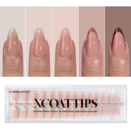 BTArtboxnails XCOATTIPS Press on Nails - French Tip Press on Nails Medium Almond, Skin Tones Soft Gel Nails False Nail Tips, Soak Off Acrylic Nails Extensions