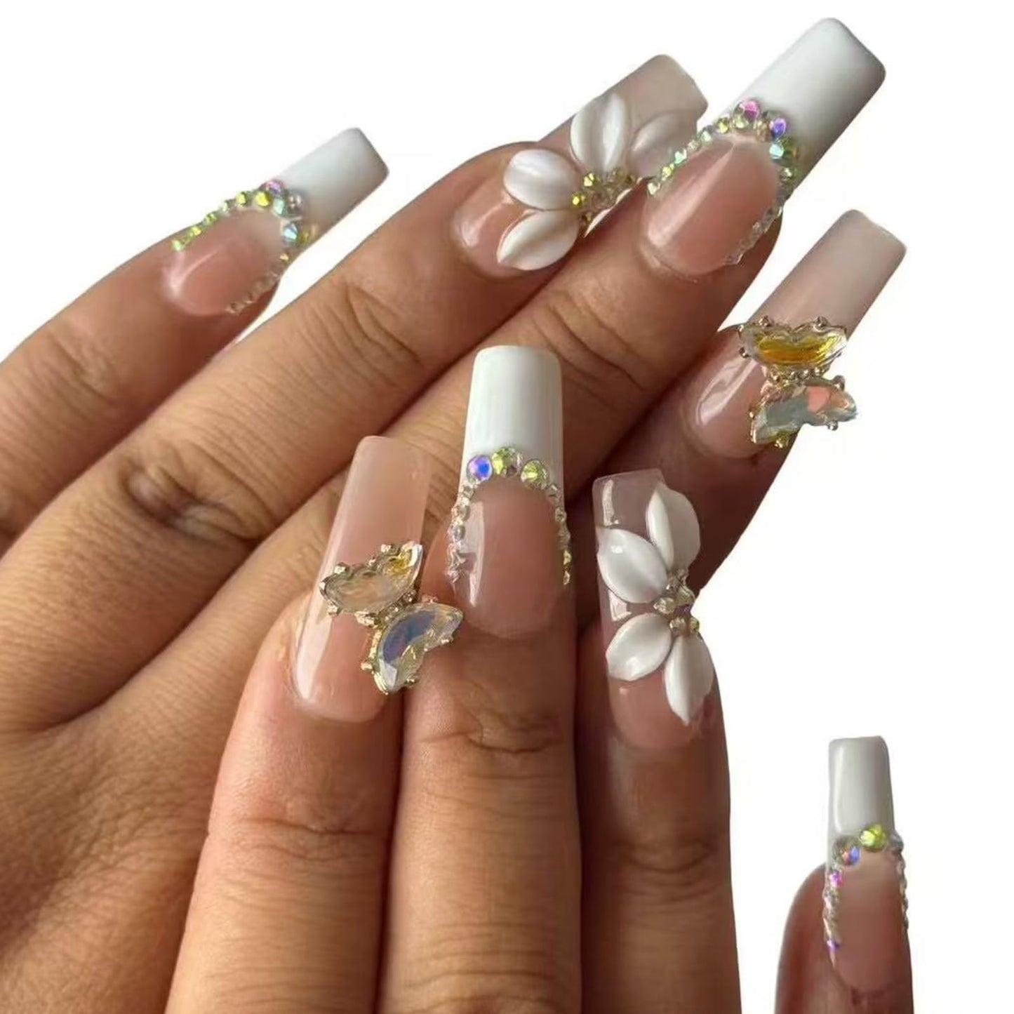 Luxury Handmade Press on Nails - Long Square White French Tips Press on Nai,l with Almond 3D Rhinestones, Flowers & Butterflies, Acrylic Multi-Layer Gel False Nails for Women (10Pcs) S SIZE