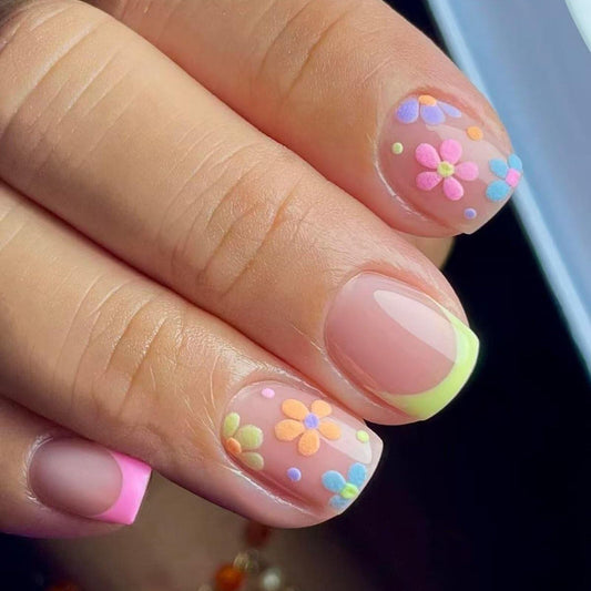 Floral Short Square Press on Nails Soft Nude Base Neon Yellow French Tips Pastel Floral Accents Glossy Finish Reusable Spring Nails Easy Apply Party Wear Durable Trendy Women Girls Nail Art 24 Pcs