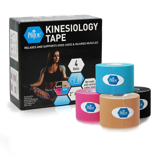 MED PRIDE Latex Free Kinesiology Tape Pack, 4 Uncut Rolls (2in X 16.4ft) Therapeutic Sports Tape for Knee Pain Muscle Support