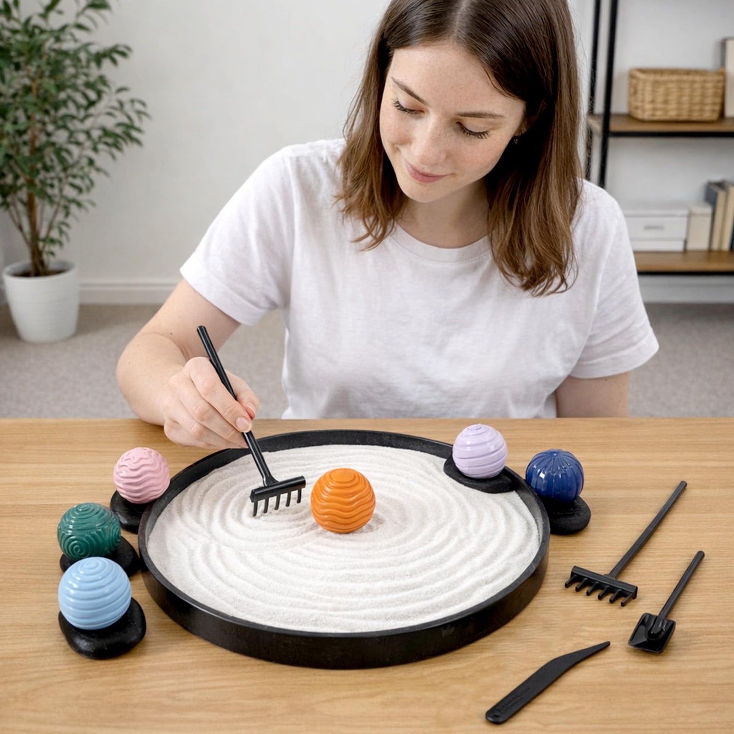 Wowagoga Desk Zen Garden Kit with 6 Textured Sensory Balls, Sand & Tools, Mini Meditation Set for Stress Relief and Desktop Decor