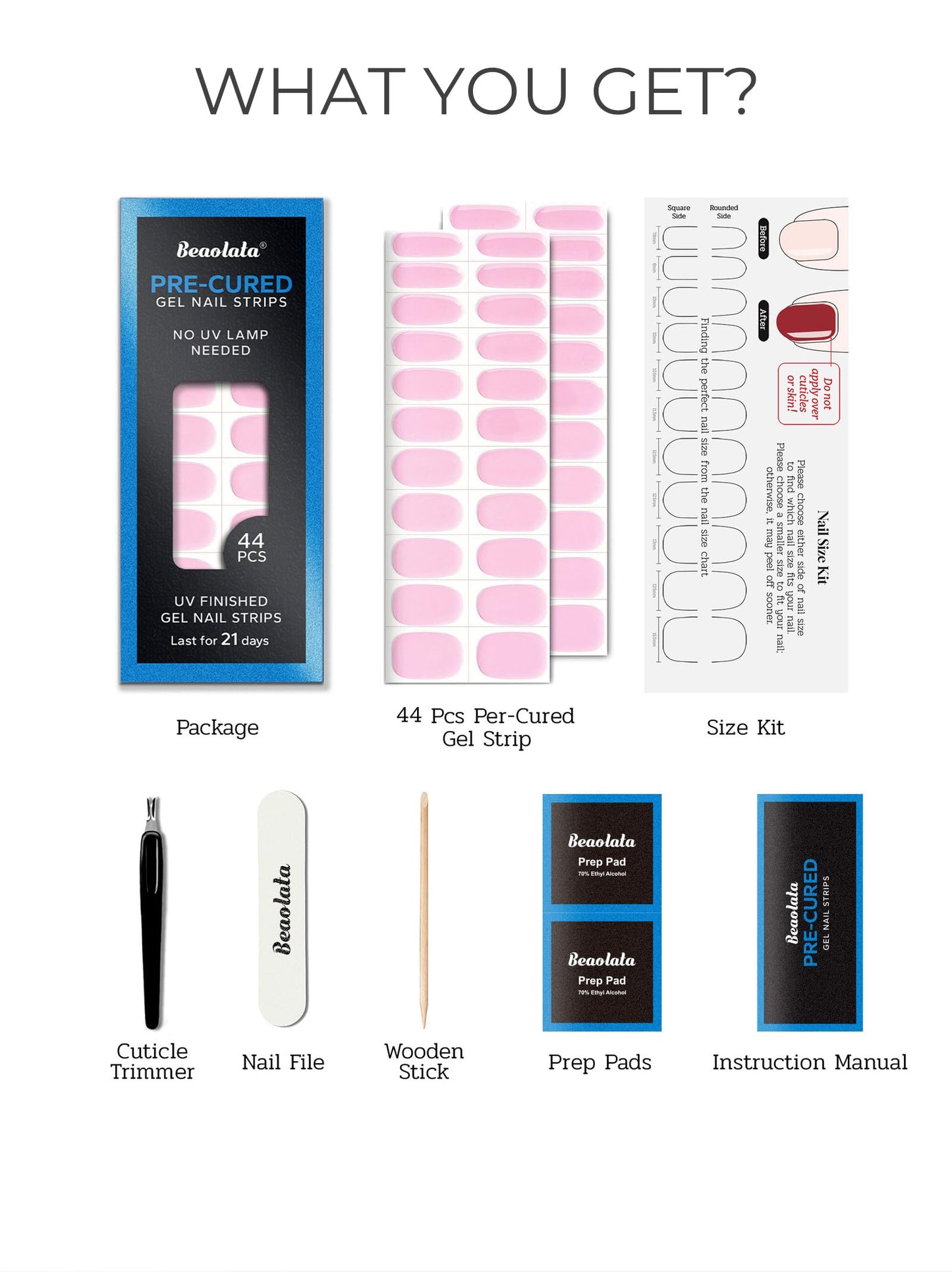 Beaolata Real Gel Nail Strips (No UV Light Needed) - 44Pcs Salon Quality Nail Stickers - Long Lasting Polish Wraps for Women, Easy Apply & Remove (Pure Pink)