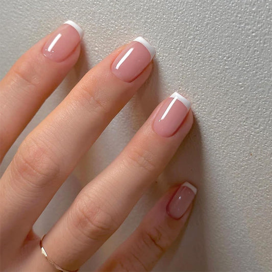 Glossy Pink White French Press On Nails Short - IKISKT Acrylic False Nails, Glue On Nail with Glue Sticker,Fit Perfectly & Natural Stick On - 24PCS UV Gel Fake Nail Kit, Pink & White French