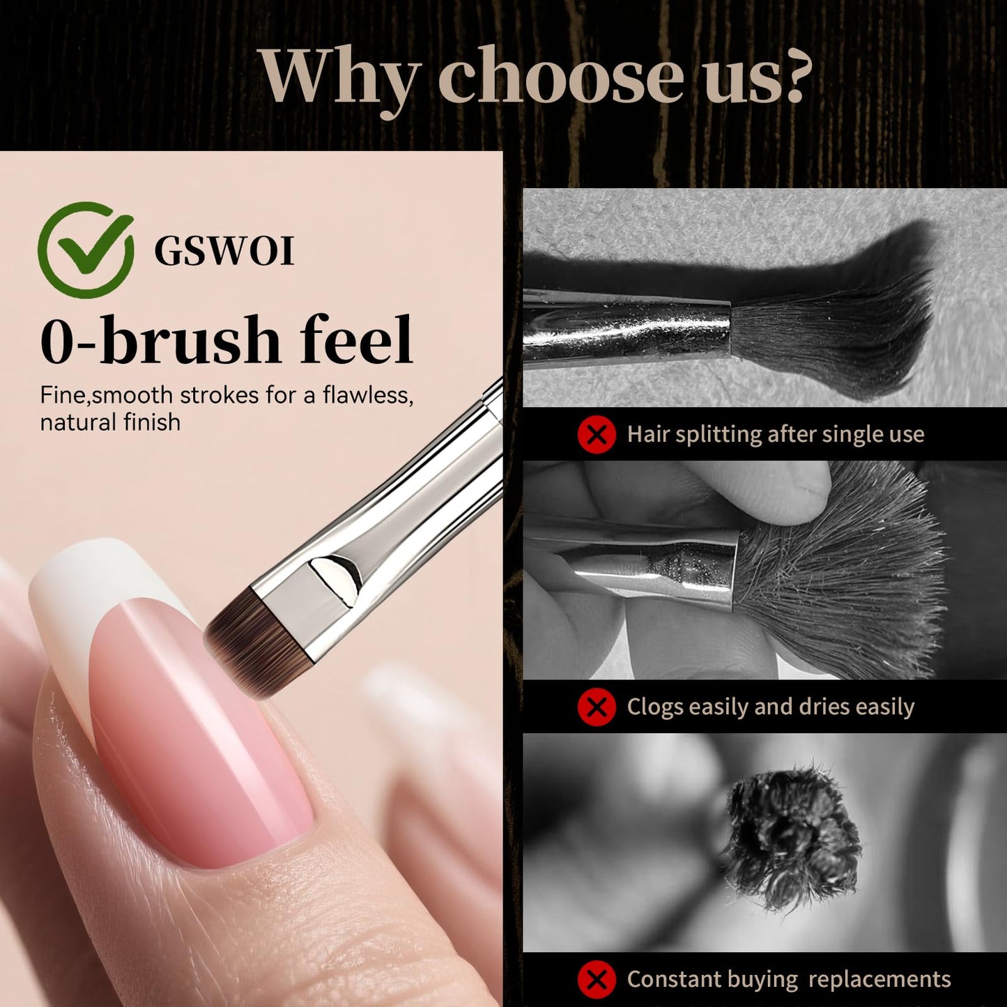 GSWOI Acrylic Nail Brush & French Tip Brush-Salon French Manicure Tool with Firm Flat Head,Streak-Free One Stroke Design,Nail Art Cleaning Brush