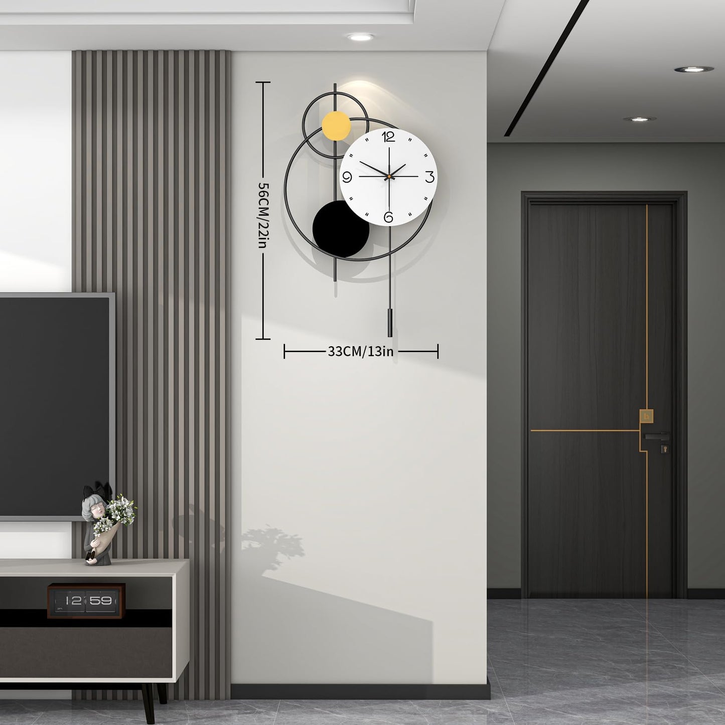 JUJUDA Large Wall Clock for Living Room Decor, Modern Decorative Metal Wall Clock with Pendulum for Bedroom Kitchen Office Decor, 13 Inch Big Silent Quartz Black Clock Battery Operated Non Ticking