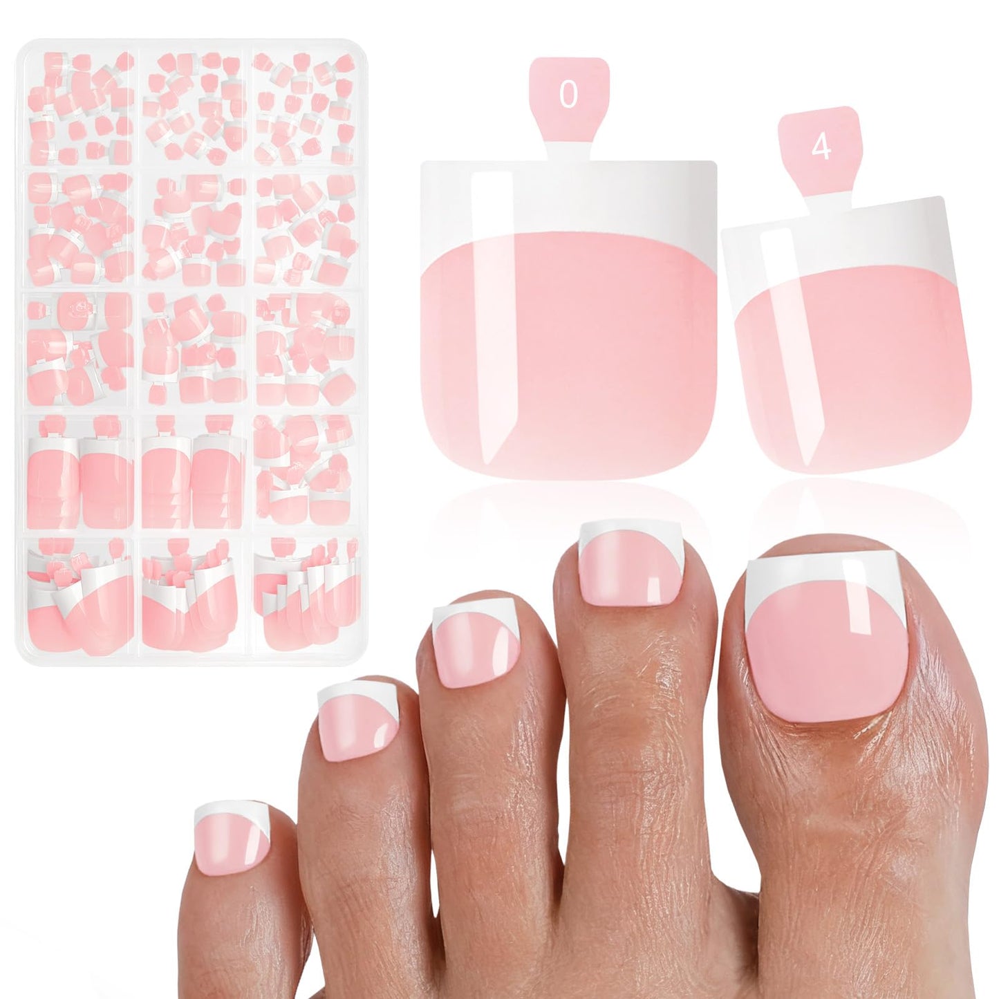Bellelfin French Press On Toenails For Women with Nail Adhesive Tabs, 150 Pcs White French Tip Toe Nail Press Ons, Short Square Toenail Press On, 15 Sizes Full Cover Acrylic Fake Toe Nails