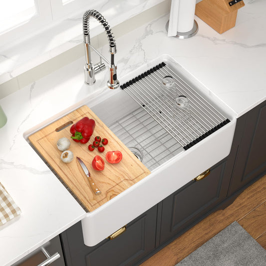 GhomeG 30 White Farmhouse Sink 30x20x10 Inch White Fireclay Apron Front Kitchen Sink Single 10 Inch Deep Ceramic Farm Farmer Style Workstation Basin