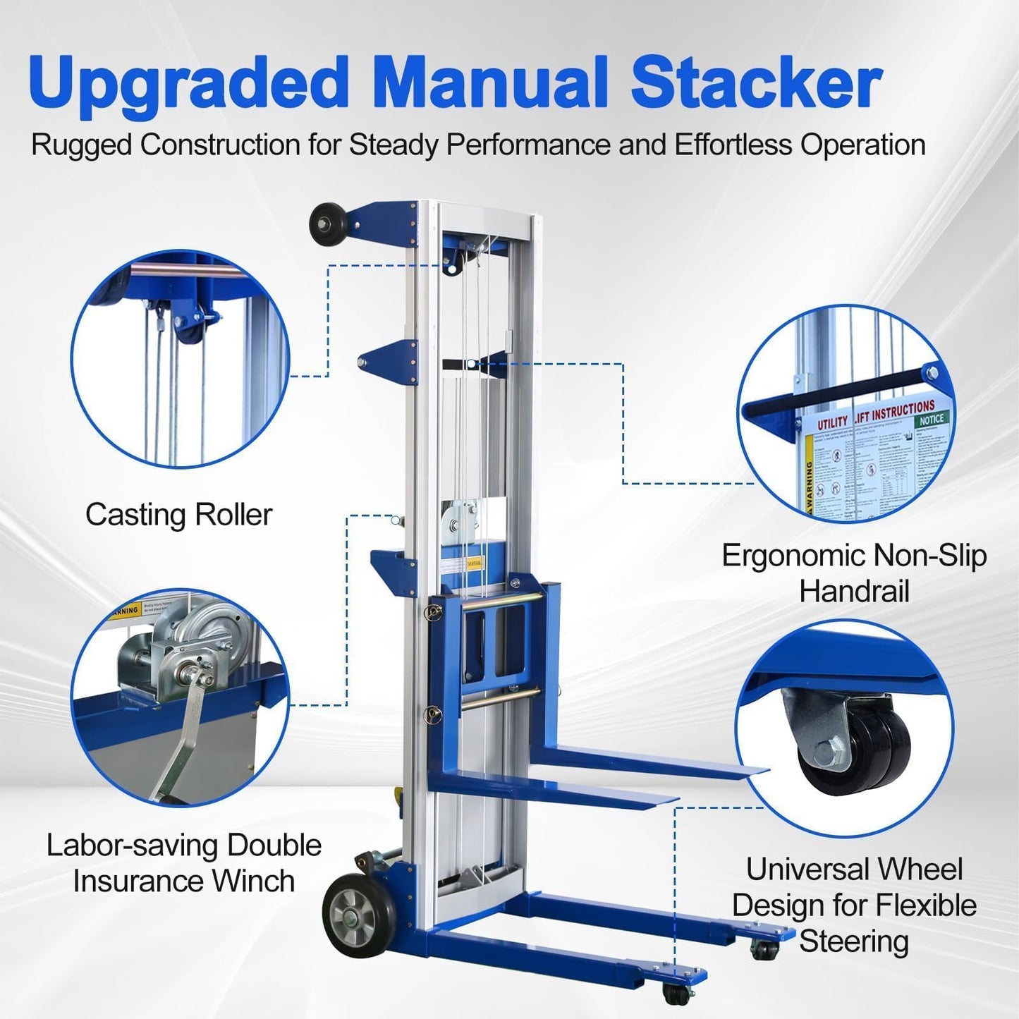 ELOMBR 122" Material Lift Winch Stacker, 400 lbs Capacity Manual Material Lifts, Fixed Straddle Material Lifter, Hand Winch Lift Trucks for Warehouse, Factory, Lightweight, 34.60" L x 24.80" W, Blue