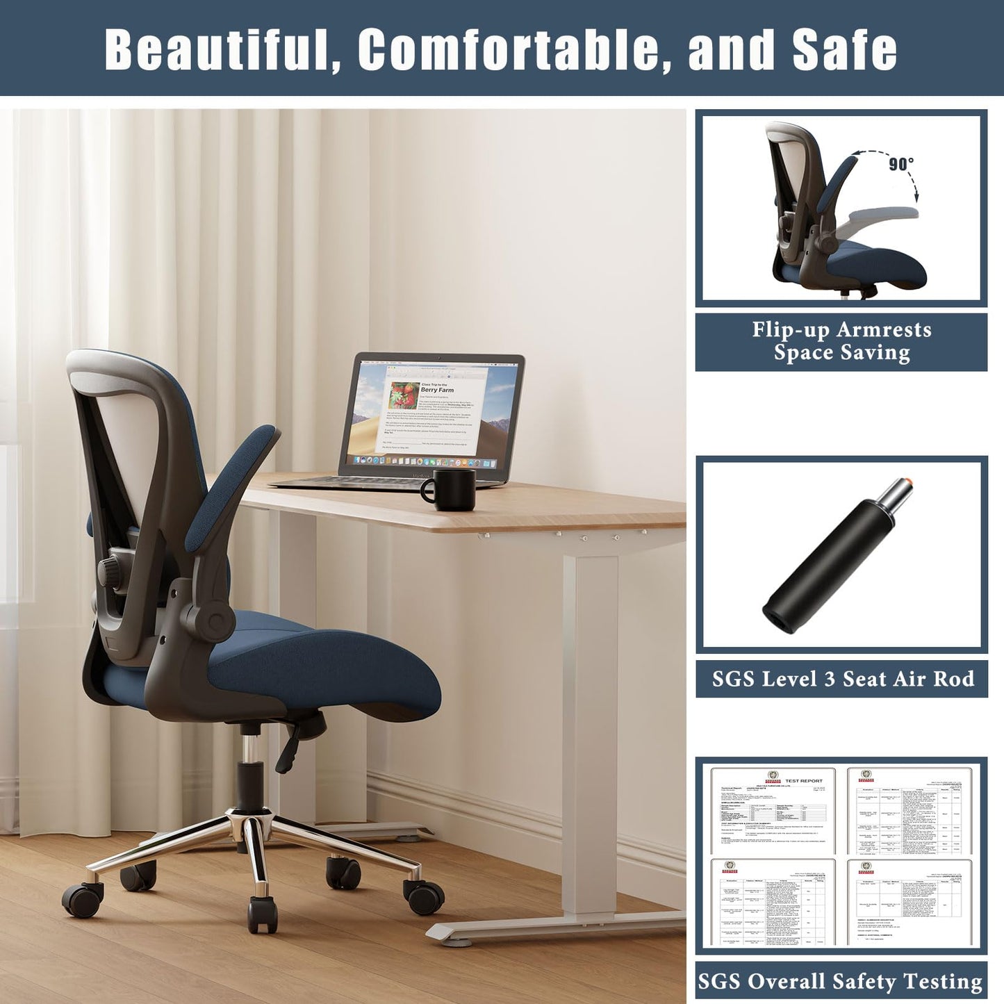 VOTRENIX Blue Ergonomic Office Desk Chair, Soft Fabric Thickened Curved seat Cushion with Adjustable Lumbar Support, Perfect Blend of Comfort and Good Looks, Ideal Chair for Home or Office, Navy Blue