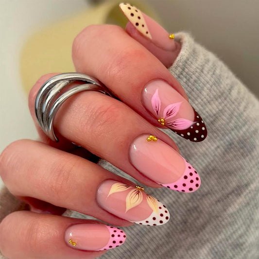 octoswave Press on Nails Long Almond Fake Nails with Pink Floral and Polka Dot Designs Glossy Glue on Nails for Party and Dating French Tip False Nails 24Pcs