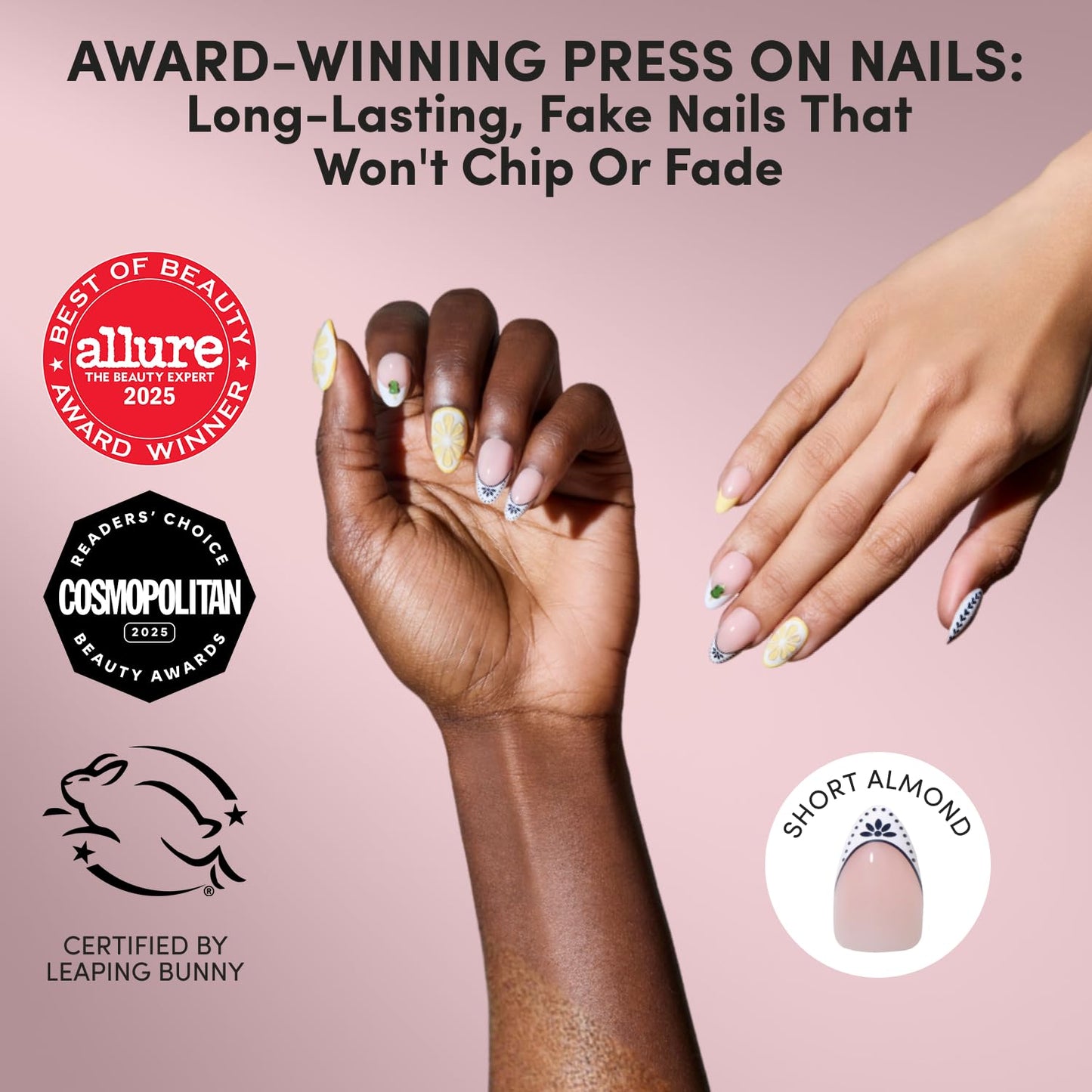 Glamnetic Press On Nails - Short Almond Fake Nails in Bright Orange with Olives, Lemons & Ceramic Designs, Salon Quality, Summer Nails | Aperitivo Hour | 15 Sizes - 30 Nail Kit with Glue