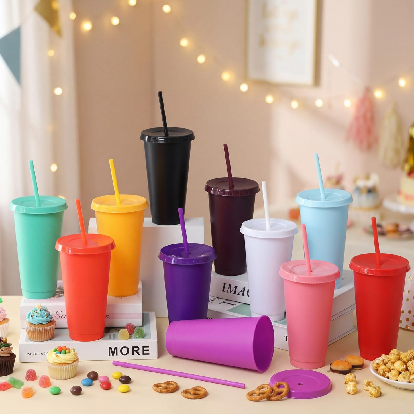 Honeydak 150 Pack Tumbler with Straw and Lid Bulk Cups for Gifts Water Bottle Iced Coffee Travel Mug Cup Reusable Plastic Tumblers for Party Birthdays 24-27 oz (Classic Color)