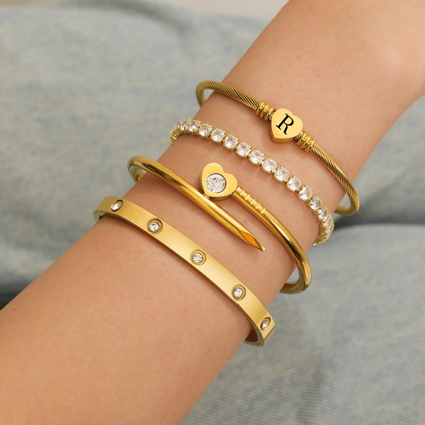 MEIERYA18K Gold Plated Nail love Bangle Bracelet Set for Women,Cubic Zirconia,Adjustable tennis bracelet Trendy Gift Jewelry for Mother's Day Anniversary (12-Style-R)