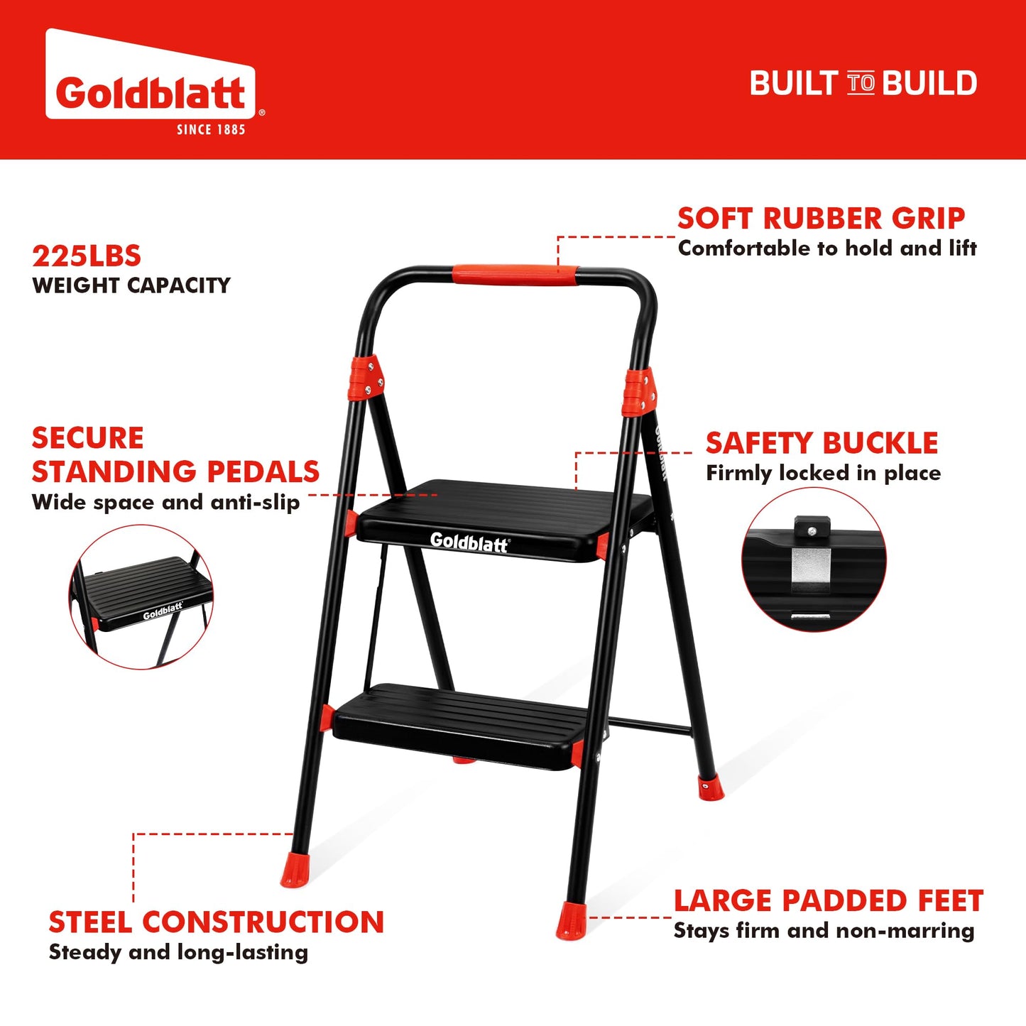 Goldblatt 2-Step Folding Step Stool Heavy Duty Steel Ladder, Auto-Lock Safety, Anti-Slip Wide Steps & Rubber Feet, Ergonomic Padded Handle, Portable for Home, Kitchen, Bedroom, Garage