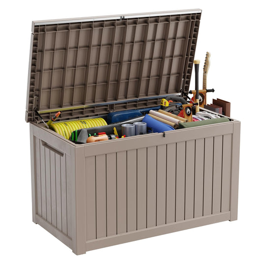 ASKPASS 280 Gallon Deck Box Outdoor, Waterproof Outdoor Storage Boxes with Lids, Outside Resin Lockable Storage Box for Patio Cushions, Garden Tools(Grey)