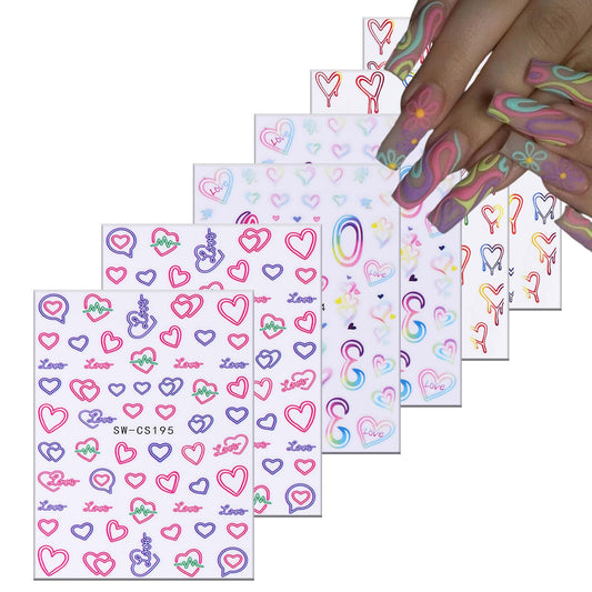 Valentines Love Heart Nail Art Stickers Decals 3D Embossed Gradient Love Nail Decals Self-Adhesive Nail Art Supplies Colorful Heart Art Stickers Decoration for Women Manicure Festival Accessories