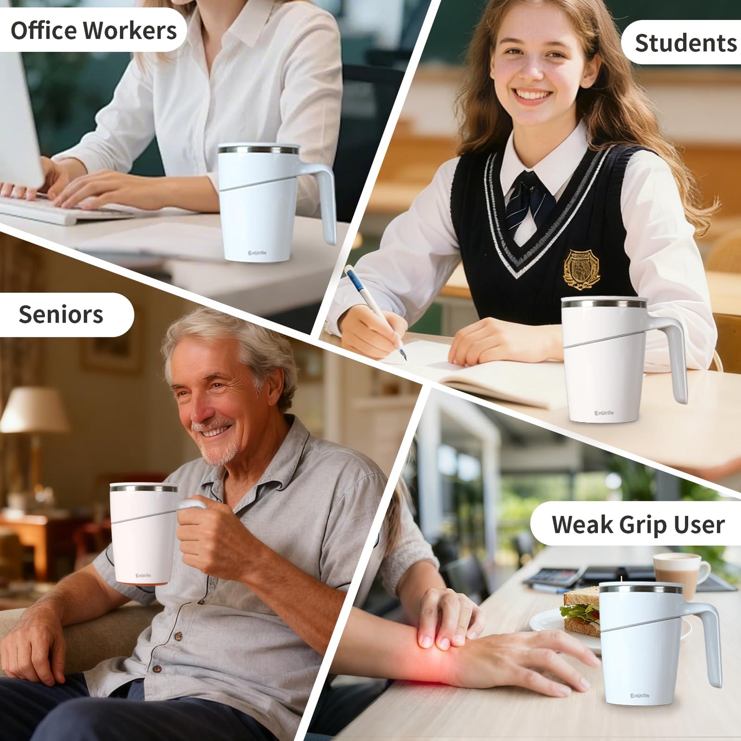 Anti-Impact No-Tip Desk Mug, 470ml / 15.9oz Stainless Steel Insulated Mug with Handle, Smart Suction Base, Non-Slip & Knock Proof, Helps Prevent Desk Spills for Coffee, Tea, Kids & Pets (White)