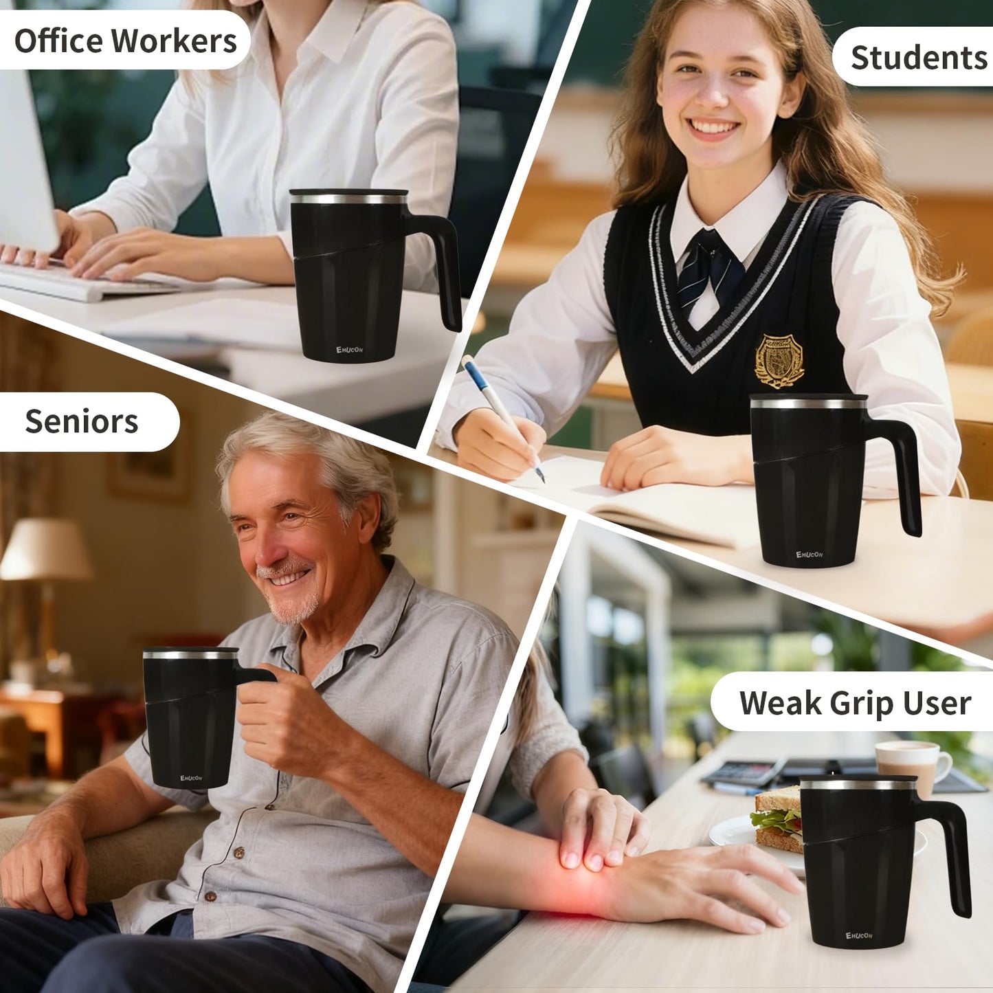 Anti-Impact No-Tip Desk Mug, 470ml / 15.9oz Stainless Steel Vacuum Insulated Mug with Handle, Smart Suction Base, Non-Slip & Knock Proof, Helps Prevent Desk Spills for Coffee, Tea, Kids & Pets (Black)