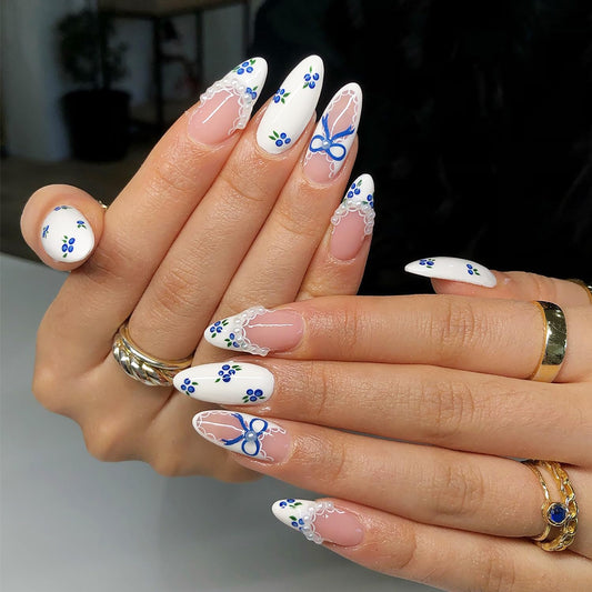 French Tip Press on Nails Long Almond, White Nude Fake Nails with Pearl Rhinestones Design, Blueberry Bow Acrylic Nails Full Cover Glossy False Nails for Women Manicure Decoration, 24PCS