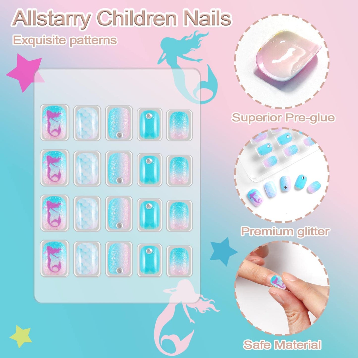 Allstarry 124 Pieces 6 pack Children Nails Press on Pre-glue Full Cover Blue Mermaid Short False Nail Kits Lovely Gift for Children Little Girls Nail Art Decoration (Glittering Ocean)