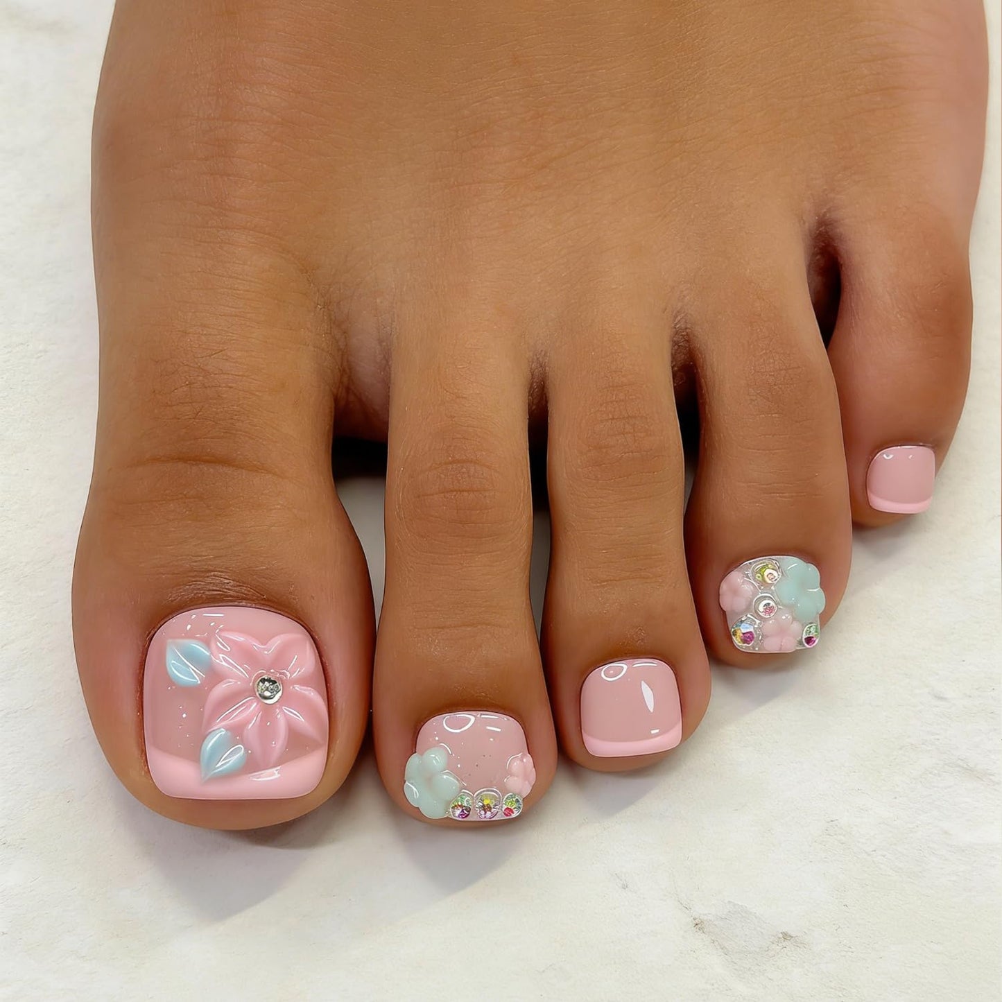 10 Pcs Handmade Luxury Press on Toenails with Handmade 3D Bling Rhinestones & Flower Designs Short Square Stick on Toe Nails Pink French Tip Fake Toe Nails for Women Manicure Decor (M)