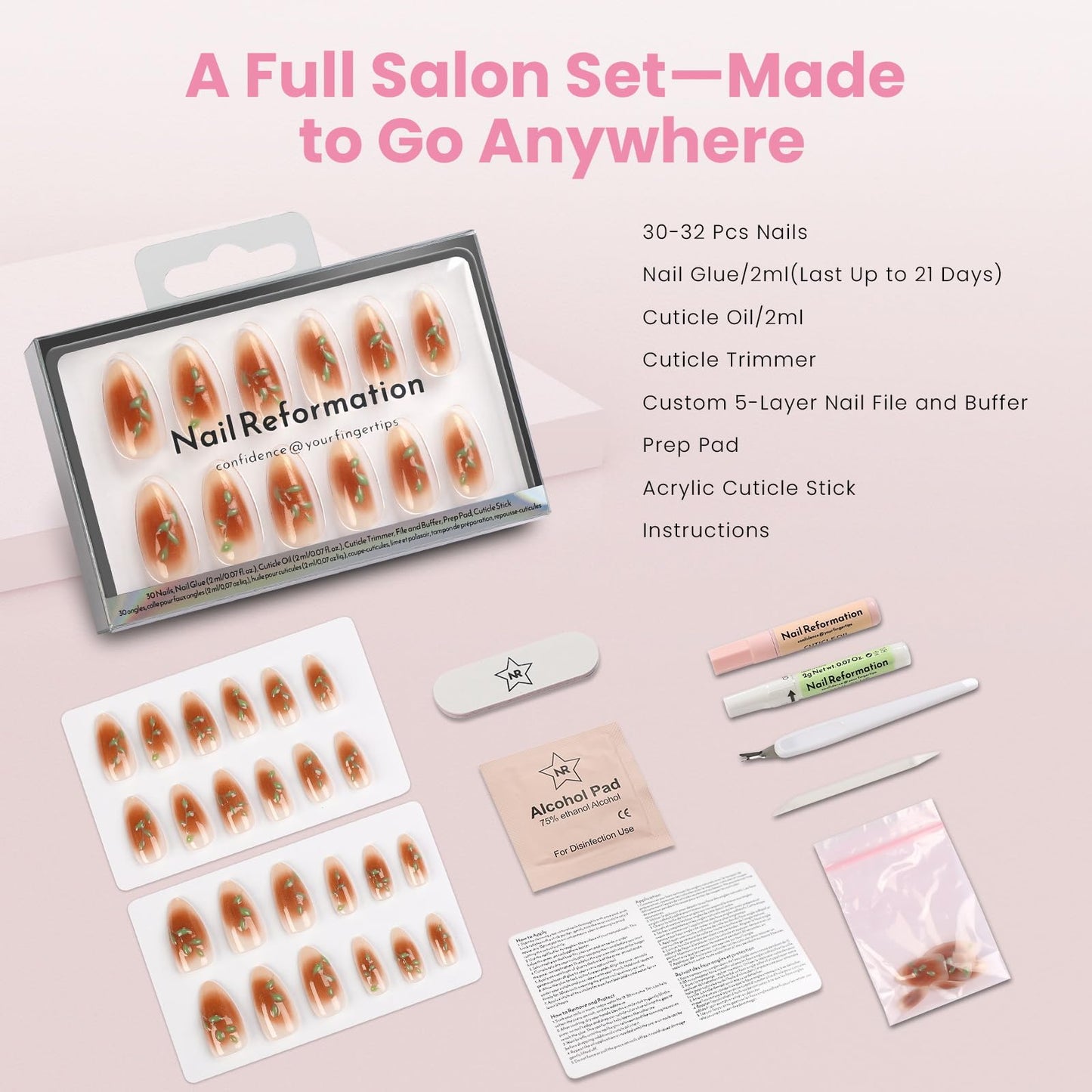 Nail Reformation Press On Nails, Rose Gold Foil Medium Almond Fake Nails in Brown Blush Shimmer with Glossy Finish, Reusable Stick On False Nails in 15 Sizes - 30 Nail Kit with Glue, Gifts for Women
