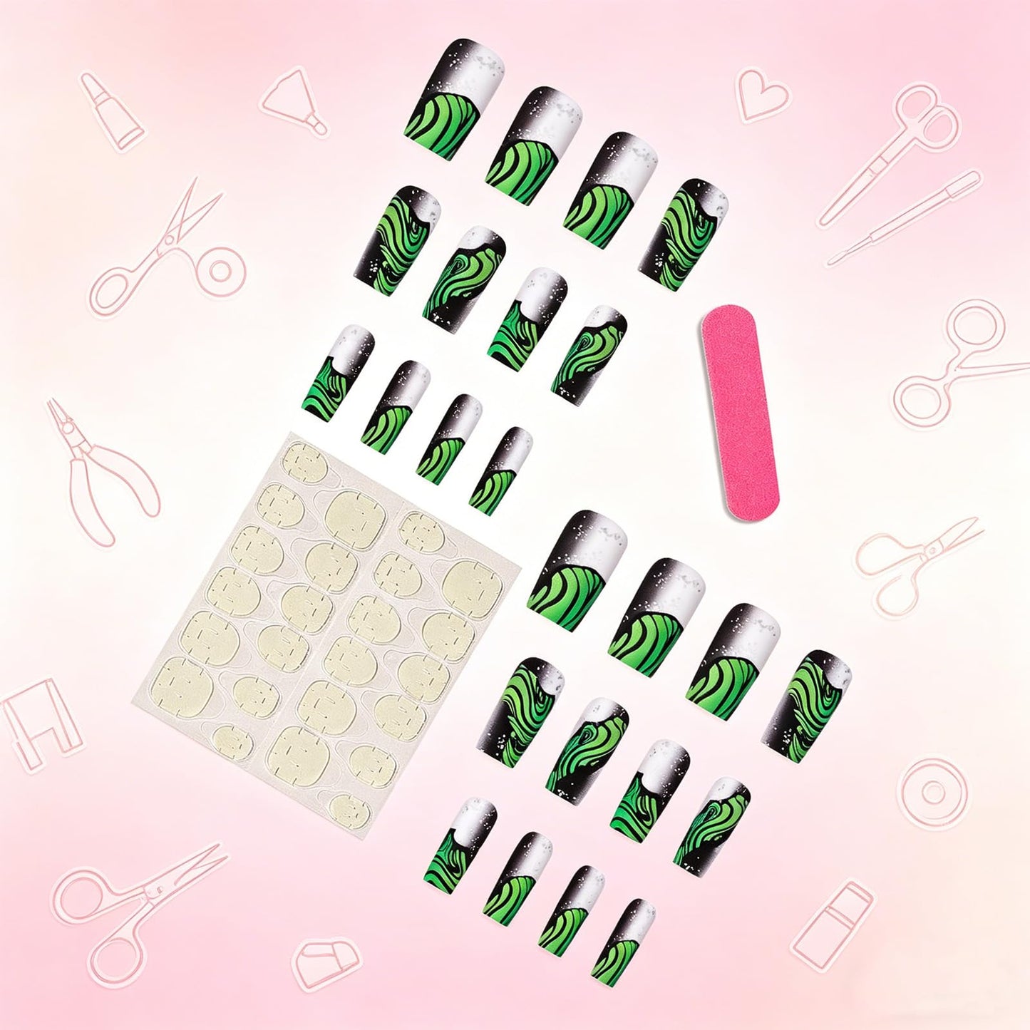 Neon Green Abstract Press on Nails, Gray Black Gradient Fake Nails with Matte, Medium Square False Nail for Punk Y2K Style, Green French Tips Stick on Artificial Fingernails for Women Party Daily Wear