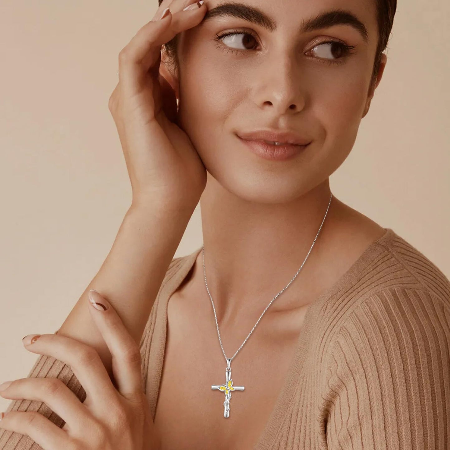 Blaniy Cross Necklace for Women 925 Sterling Silver Butterfly Necklace Citrine Pendant Necklaces November Birthstone Jewelry Gifts for Women