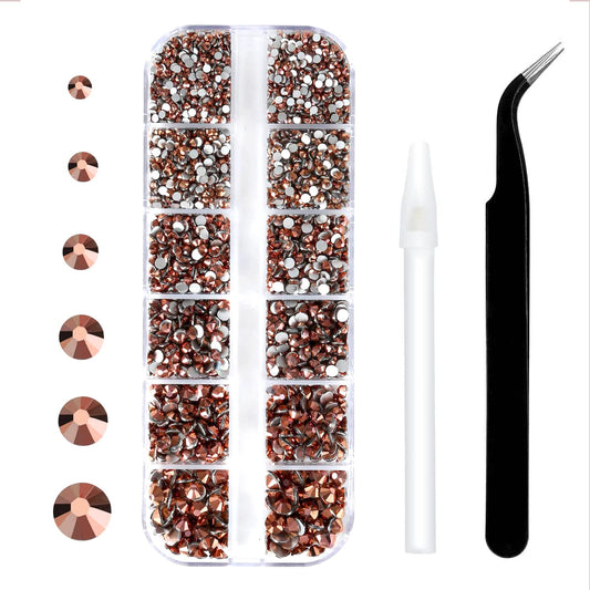 Meibite Rose Gold Glass Flatback Rhinestones for Nails, Crafts & Clothes – 4240PCS 6 Sizes (SS6–SS20) Crystal Gems Kit with Tweezers & Picker, Non Hotfix DIY Rhinestones for Tumblers, Shoes, Nail Art
