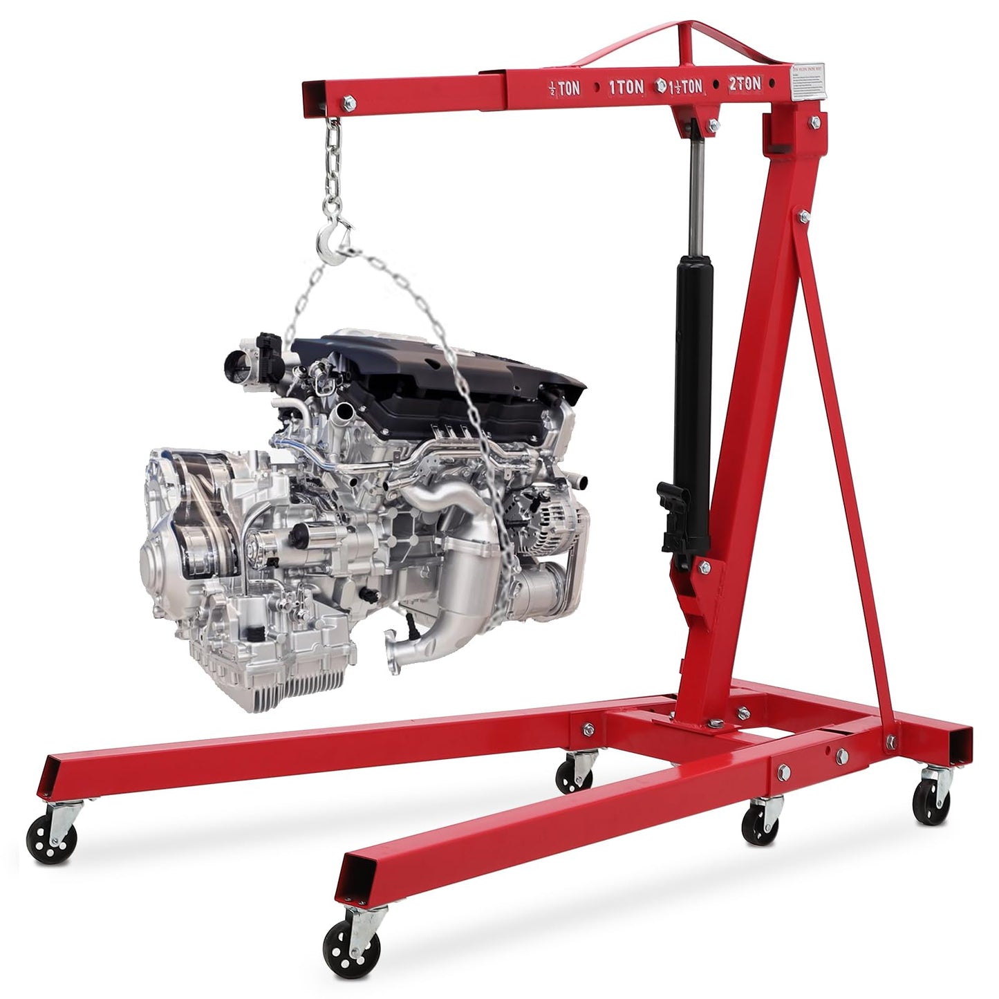 MERXENG Engine Hoist with Lever, 2 Ton Folding Cherry Picker Engine Hoist with Lever and 6 Casters, 4400lbs Heavy Duty Hydraulic Shop Crane, Engine Lift for Workshops Garage Warehouse