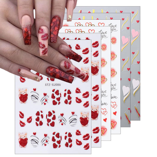 6pcs Valentine's Day Nail Art Stickers 3D Heart Shape Self-Adhesive Cute Bear White Red Pink Love Heart Design Nail Decals Gold Curve Design Nail Decals Suitable for Women Girls Nail Art Decoration